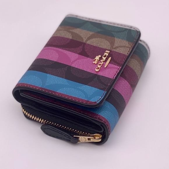 NWT COACH Small Trifold Wallet In Signature Canvas With Stripe Print - Picture 8 of 14